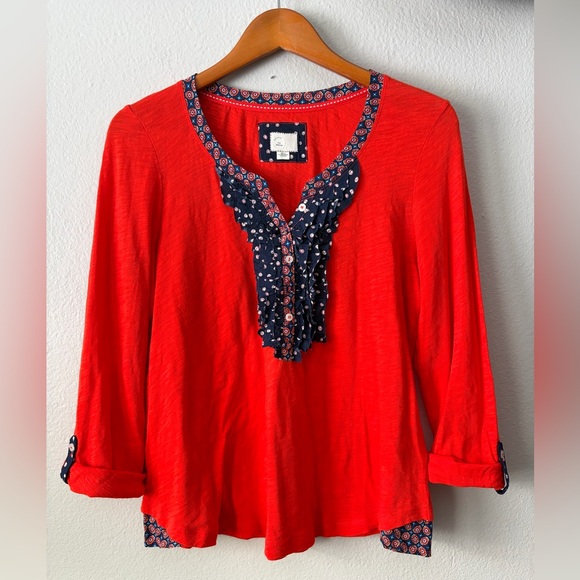 Anthropologie Tops - Anthropologie Postmark Ruffle Front Henley Top Red Orange Blue Women’s Medium